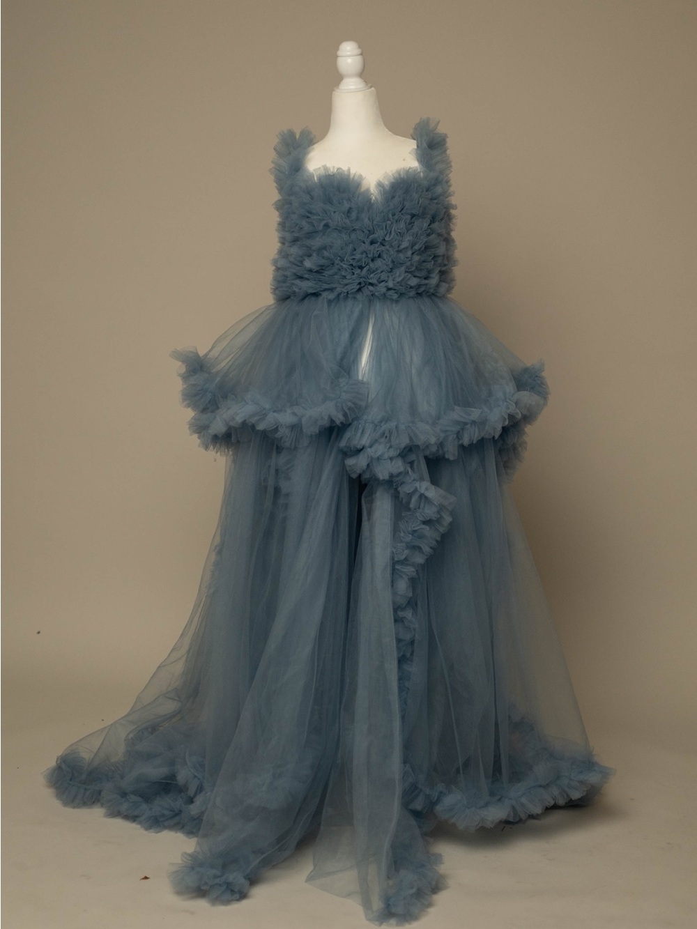 Dusty Blue Ruffled Tulle Evening Gown